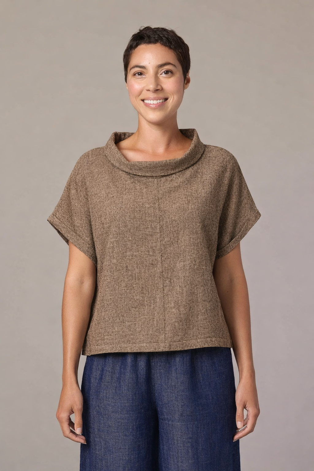 Crosshatch Roll Sleeve Cowl Top - Bark