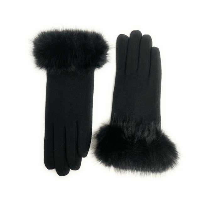 Solid Wool Glove with Faux Fur Cuff - Black