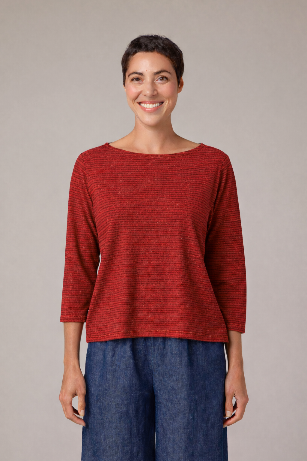 3/4 SLV Boatneck Stripe Tee - Cherry