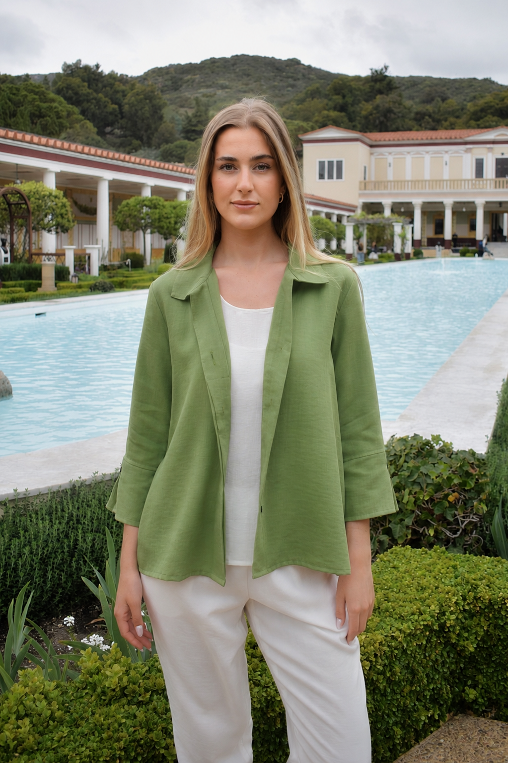 100% Wrinkle Resistant Linen Caroline Blouse - Basil