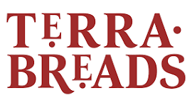 Terra Breads logo in maroon text