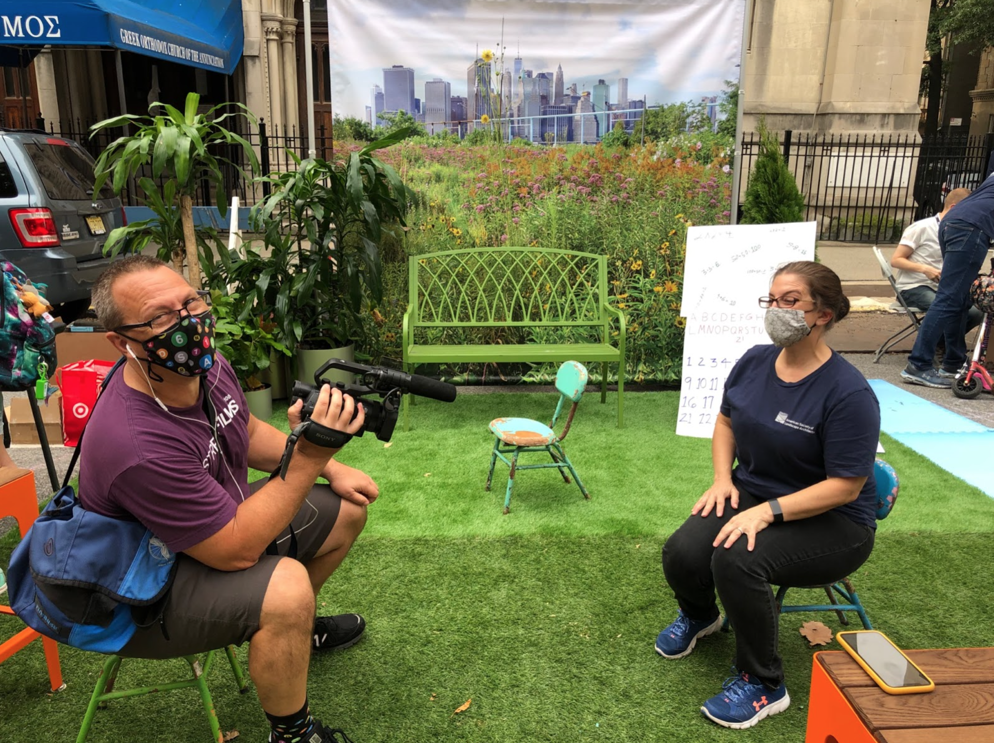 Clarence Eckerson, Jr. interviewing Jennifer Nitzky, Landscape Architect and ASLA NY-Trustee at WEA Walk (West End Avenue) event on the UWS. September 2020. 