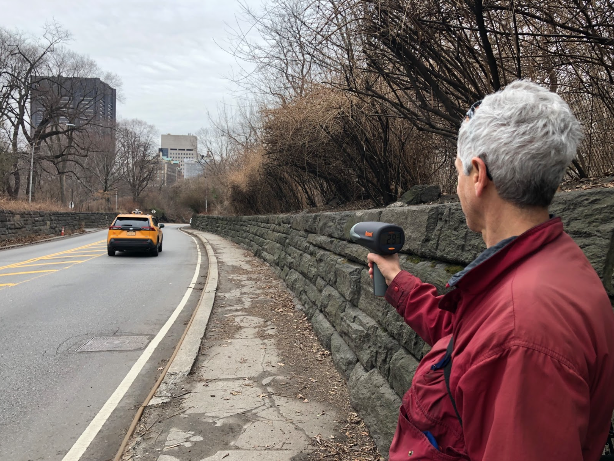Speed gunning in the 96th Street transverse. Part of our cross (Central) Park biking campaign. February 2020. 