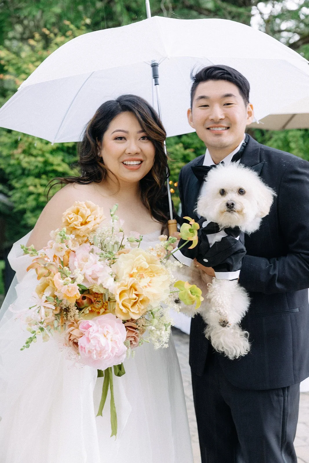 Bride, Groom, and Sweet Dog Holding Whimsical Wedding Bouquet.jpg