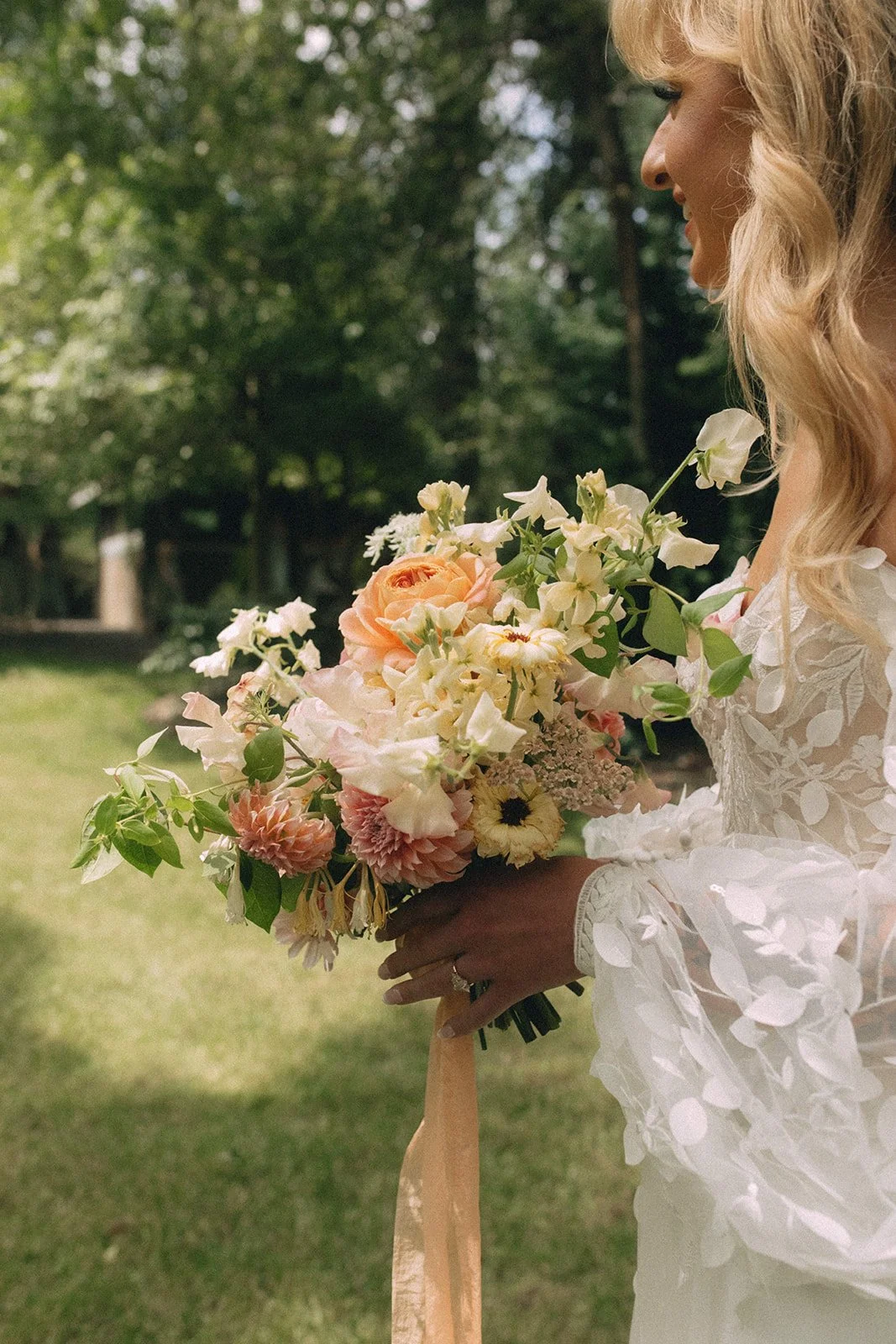 Garden Inspired Bridal Bouquet with Sweet Peas and Peach Roses.JPG