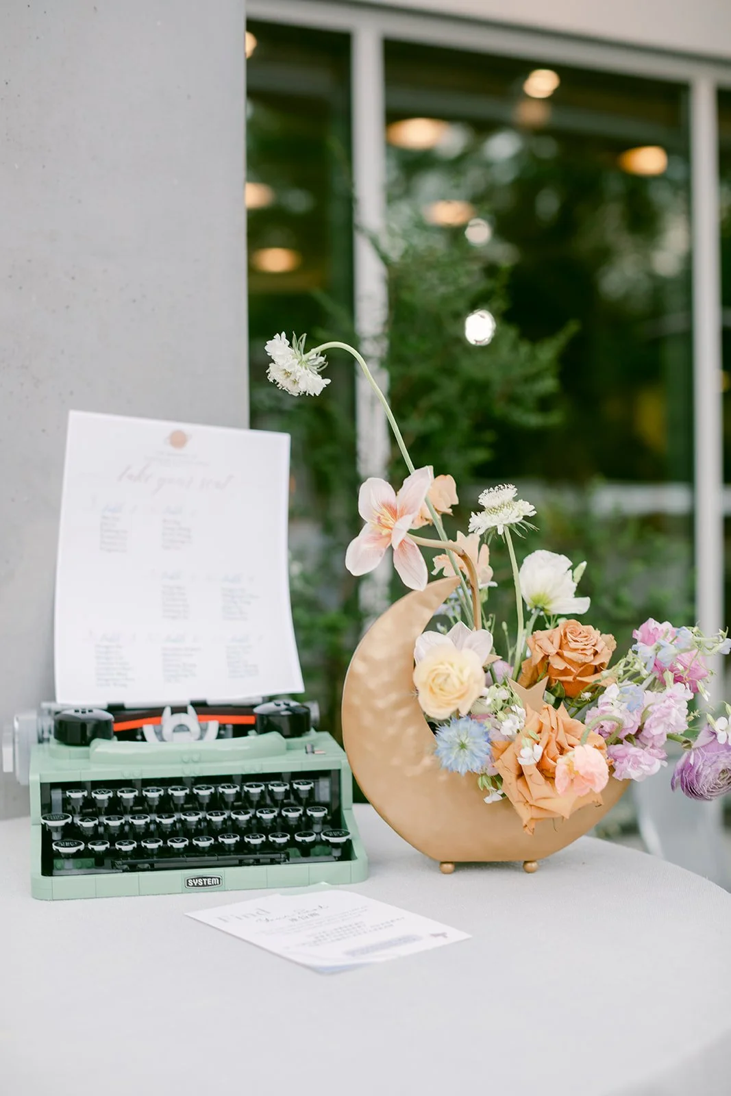 Guest Book Table Floral Centerpiece in Gold Moon Vessel.JPG