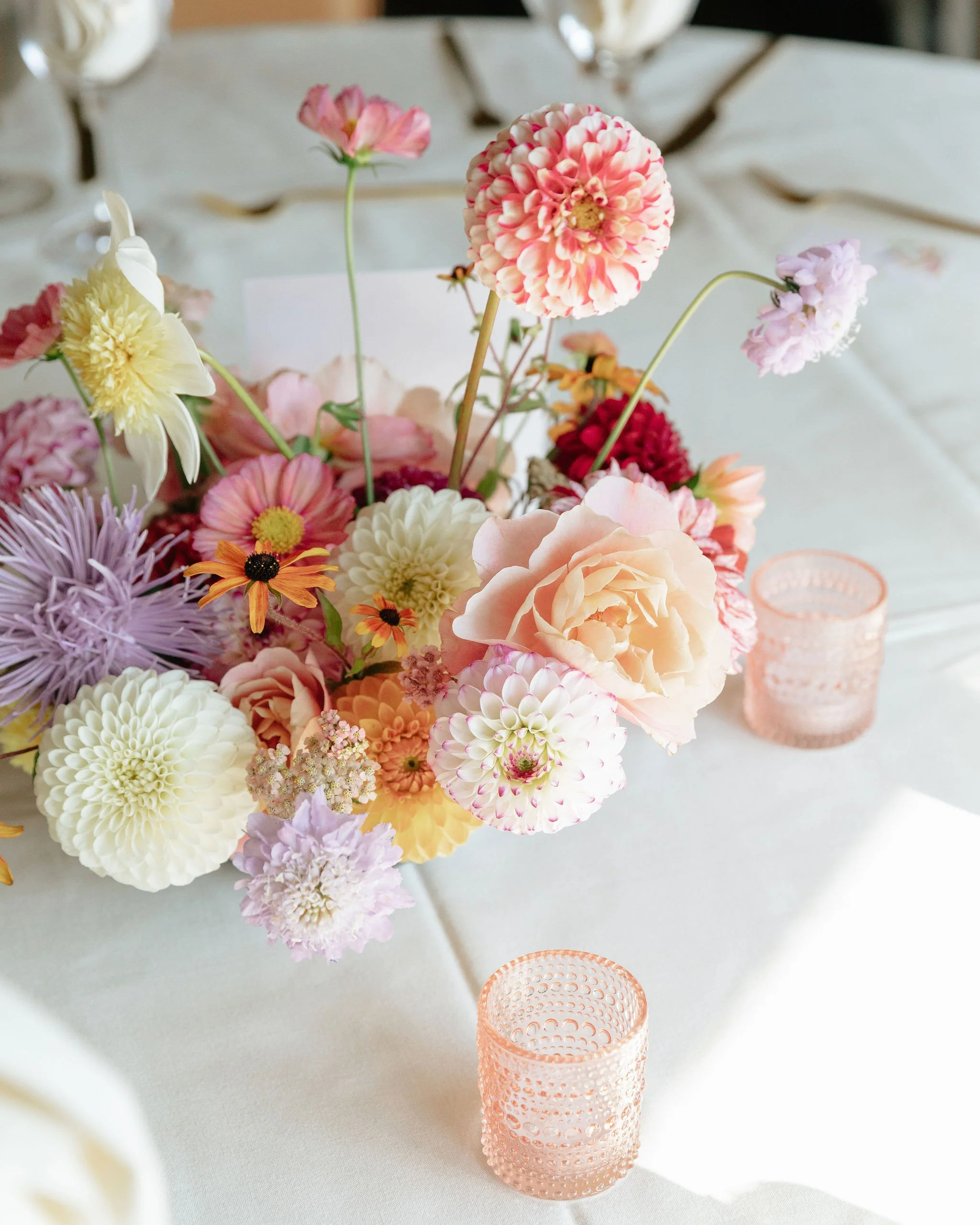 Downtown Seattle Wedding Reception Floral Centerpiece with Local Dahlias.jpeg