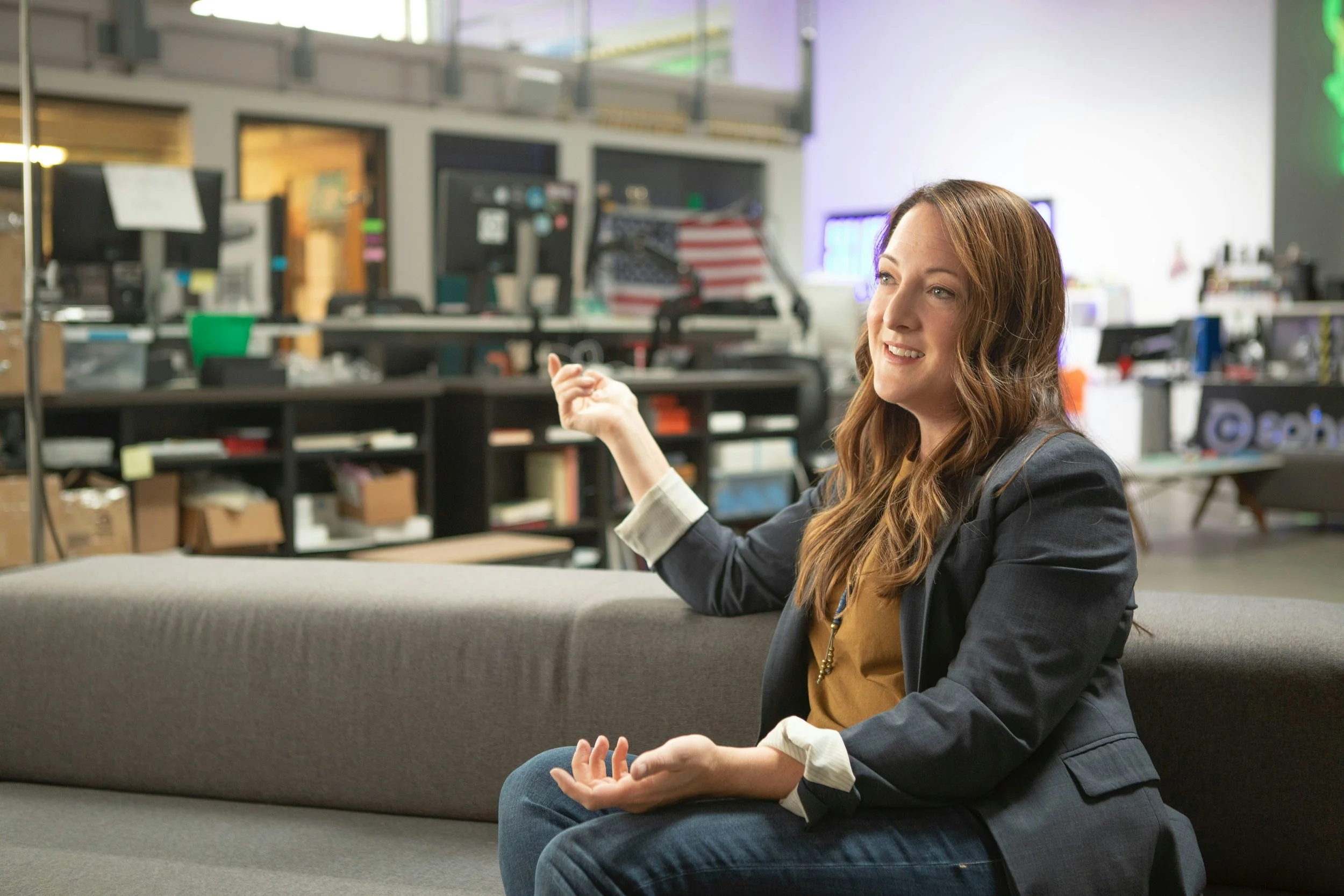 Business woman practicing speaking in preparation for video interview