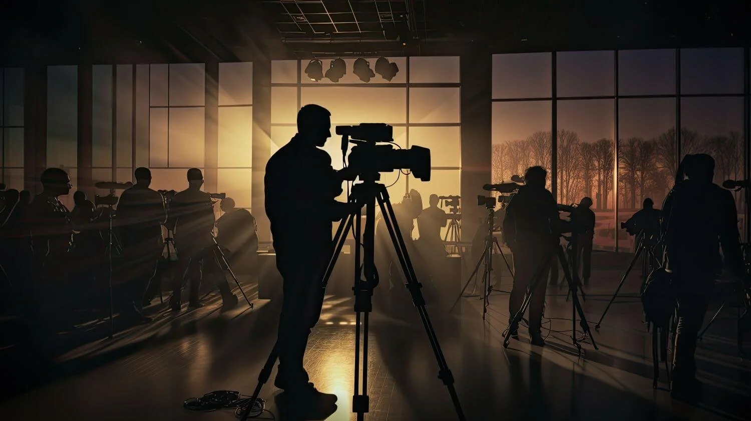 Cameraman operating video equipment indoors silhouette