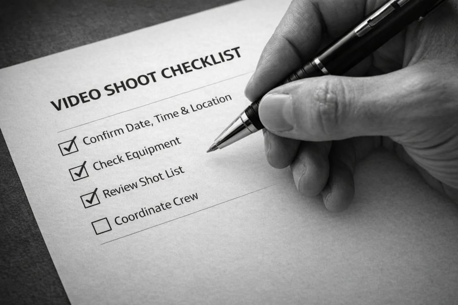 Visual checklist for video shoots, listing essential items such as cameras, lighting, and and crew details for effective planning.