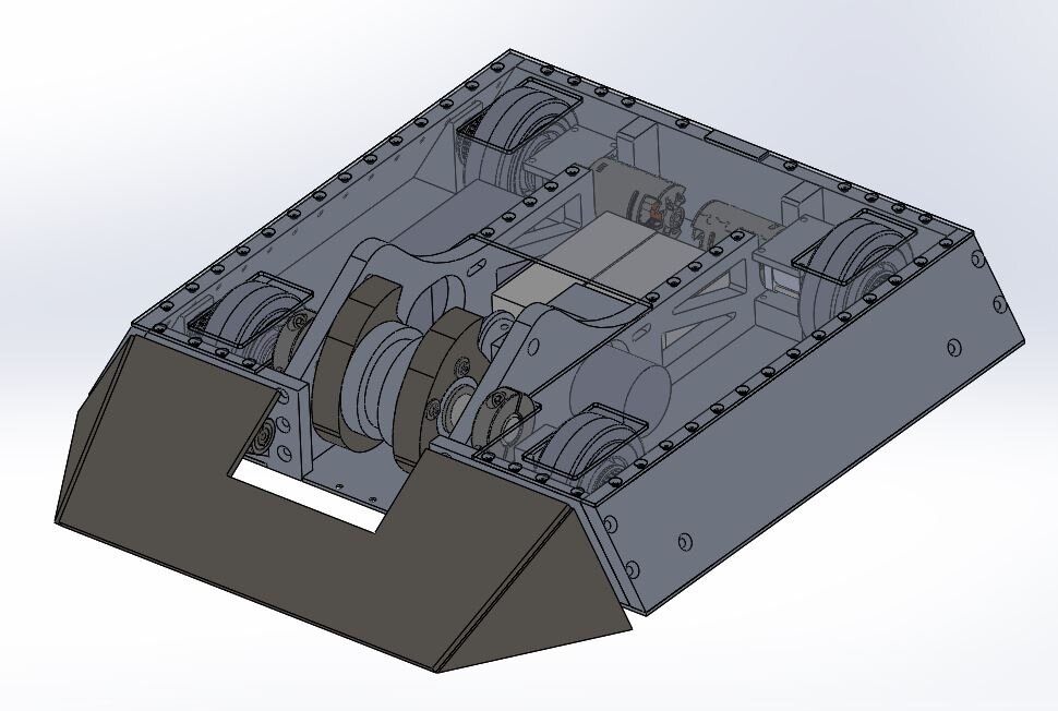  Finalizing the CAD design took the entire fall quarter. We wanted to go back to a more classic Battlebot wedge design after having experimented with creativity with 2017’s DangerCone. 