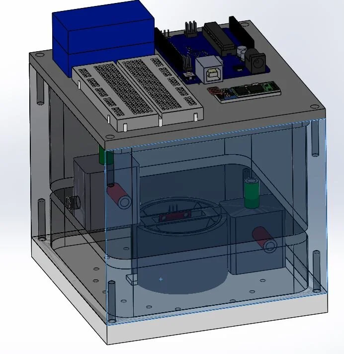  The module body houses two 12V Anself diaphragm pumps that draw water from an external trough into the module and into the sprinkler lid (center right).  
