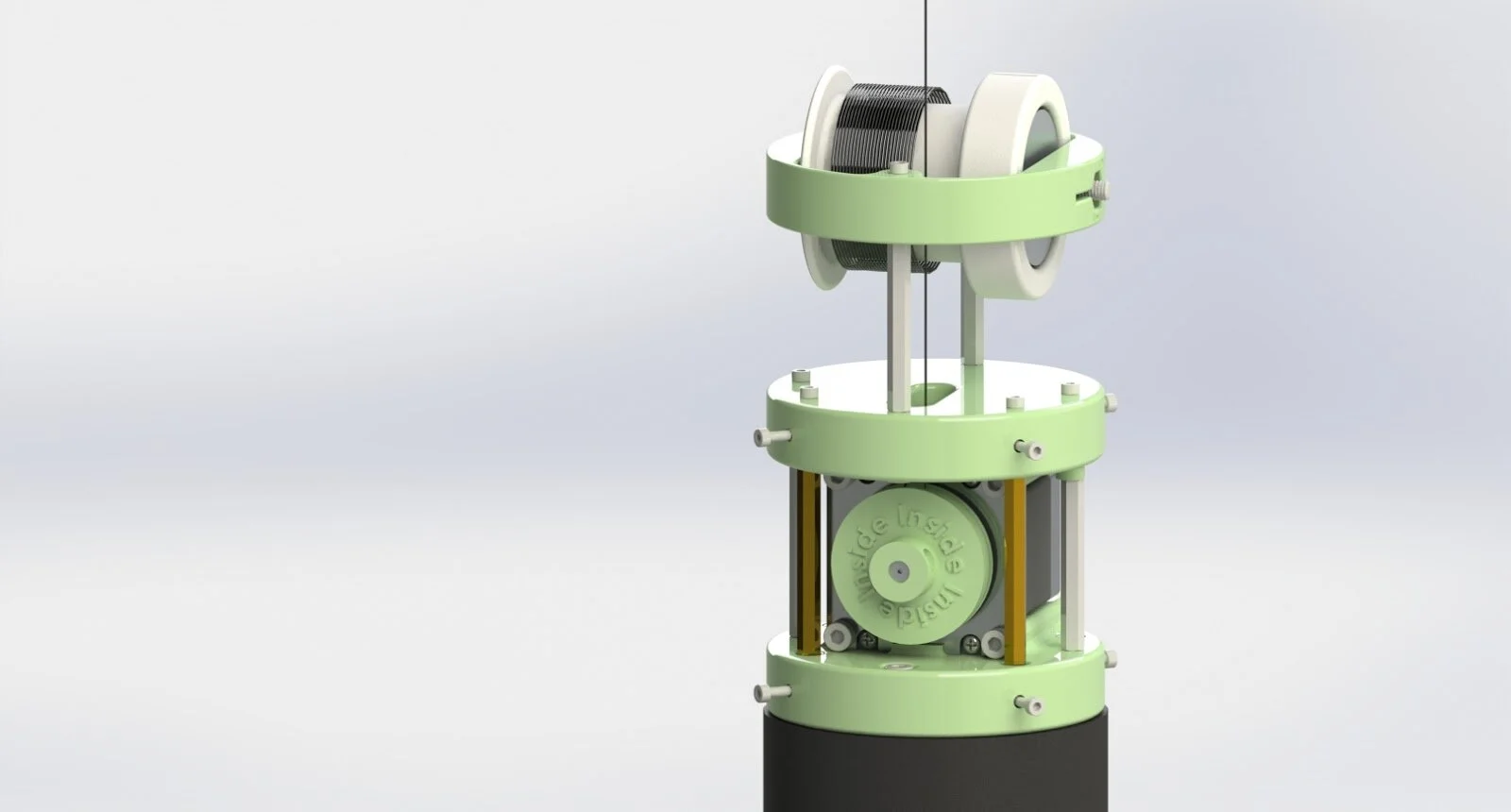  The poles of this system are dual purpose, enclosing the stepper motors that drive the kinematics of the system, and functioning as portable structures allowing for this system to be scalable. These poles slip ﬁt onto a 4” wide Delrin cylinder that 