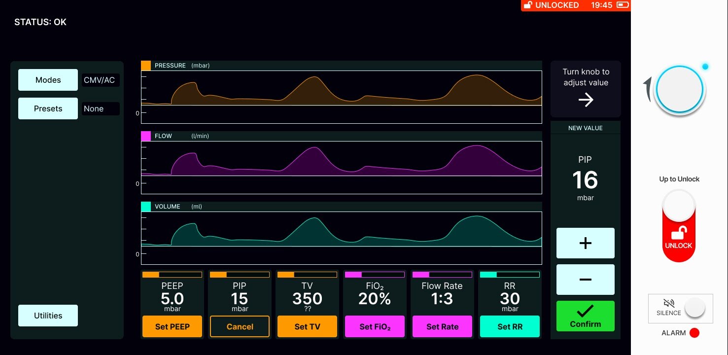 Our team worked with a professional user interface designer to develop mockups for the user interface that will be implemented on the Nextion touchscreen (capacitive touch and Arduino-IDE compatible) mounted to the top lid of the ventilator enclosur