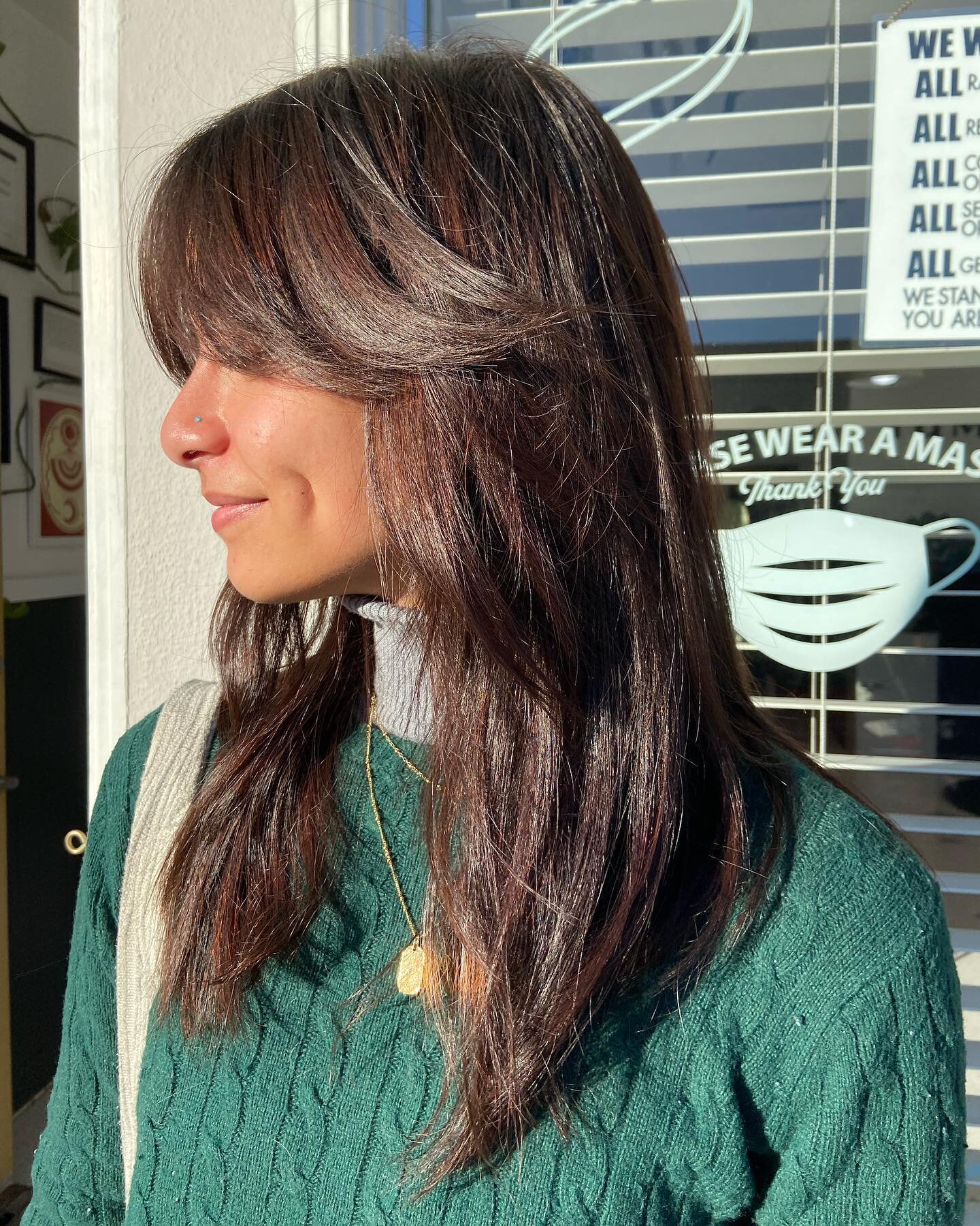 One of our New Years resolutions here at Tumbleweed is to share more of our work and more of our beautiful clients! This is a sweet one from today, a shaggy-ish shape. Nice soft layers to bring out some texture in her straight, thick hair and face fr