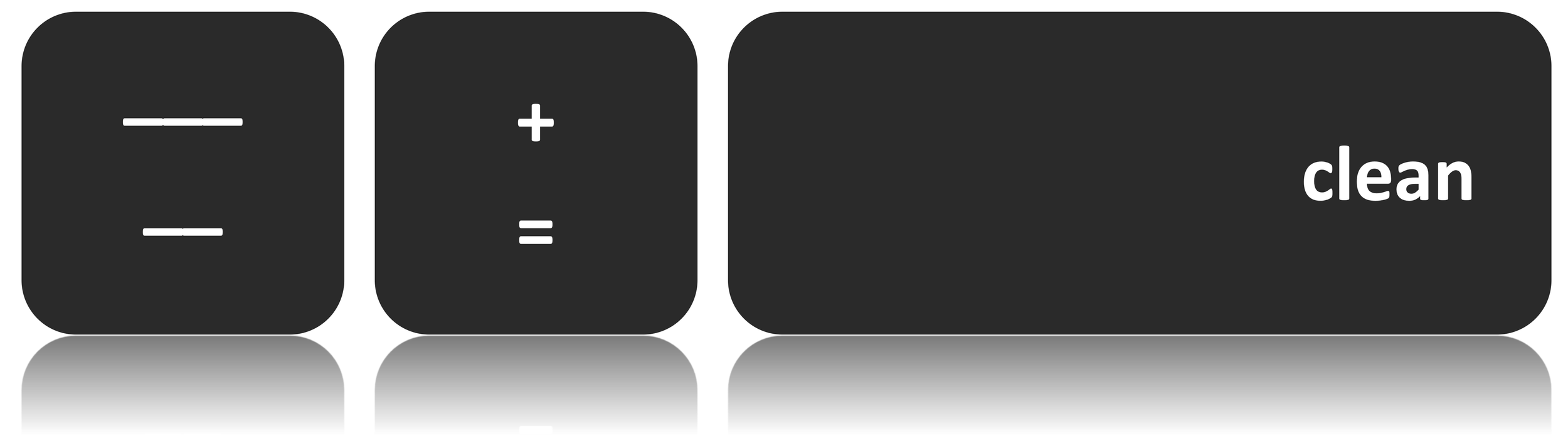 Image of three keyboard keys: (1) hyphen; (2) plus and equal sign; and (3) clean (instead of the delete key).