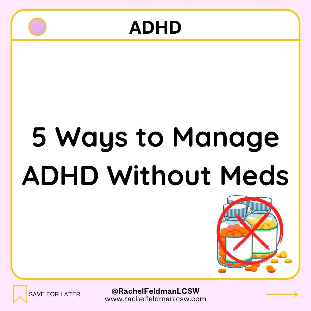 🧩 5 Ways to Manage ADHD Without Meds

1️⃣ Structure &amp; Routines
Predictable routines and supports like planners, alarms, and checklists reduce overwhelm and make daily life easier.

2️⃣ Change Your Environment
Organize your space, cut distraction