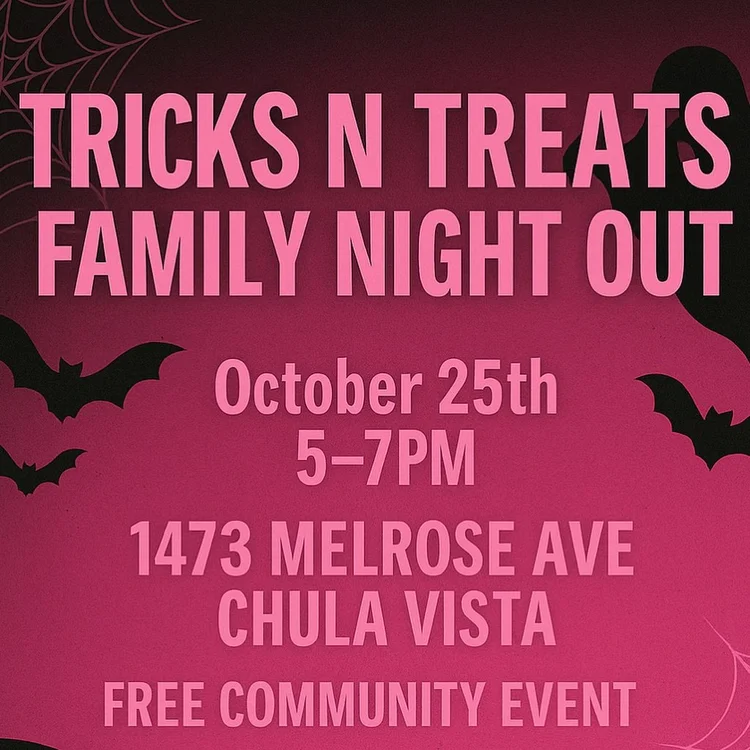 Tricks n Treats Family Night Out poster: a free Halloween community event at 1473 Melrose Ave, Chula Vista