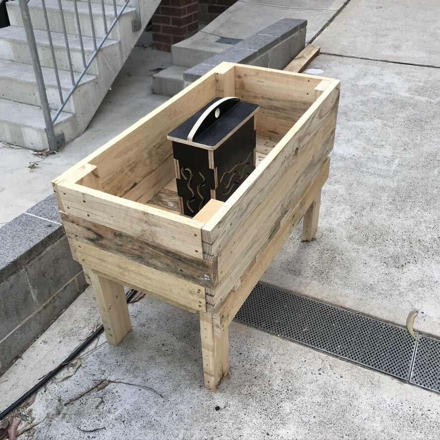 Standard planter with compost/worm bin. W100cm x D50cm x H70cm $220The worm/compost bin is made from form-ply. Form-ply is tough plywood that has a waterproof skin coating both surfaces. It has worm-shaped slots for worms to come and go taking the …