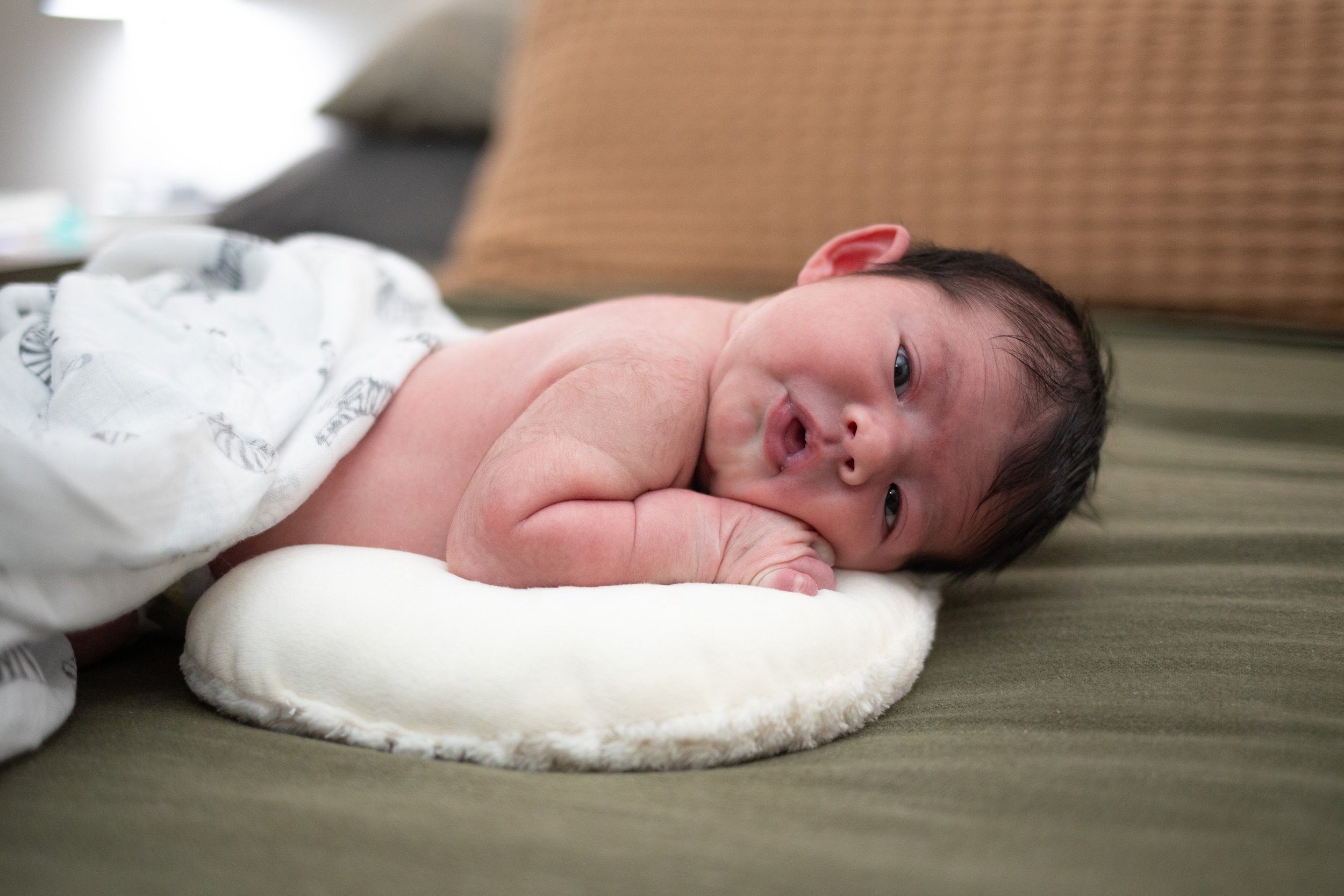Newborn baby laying on a white pillow on a green bed