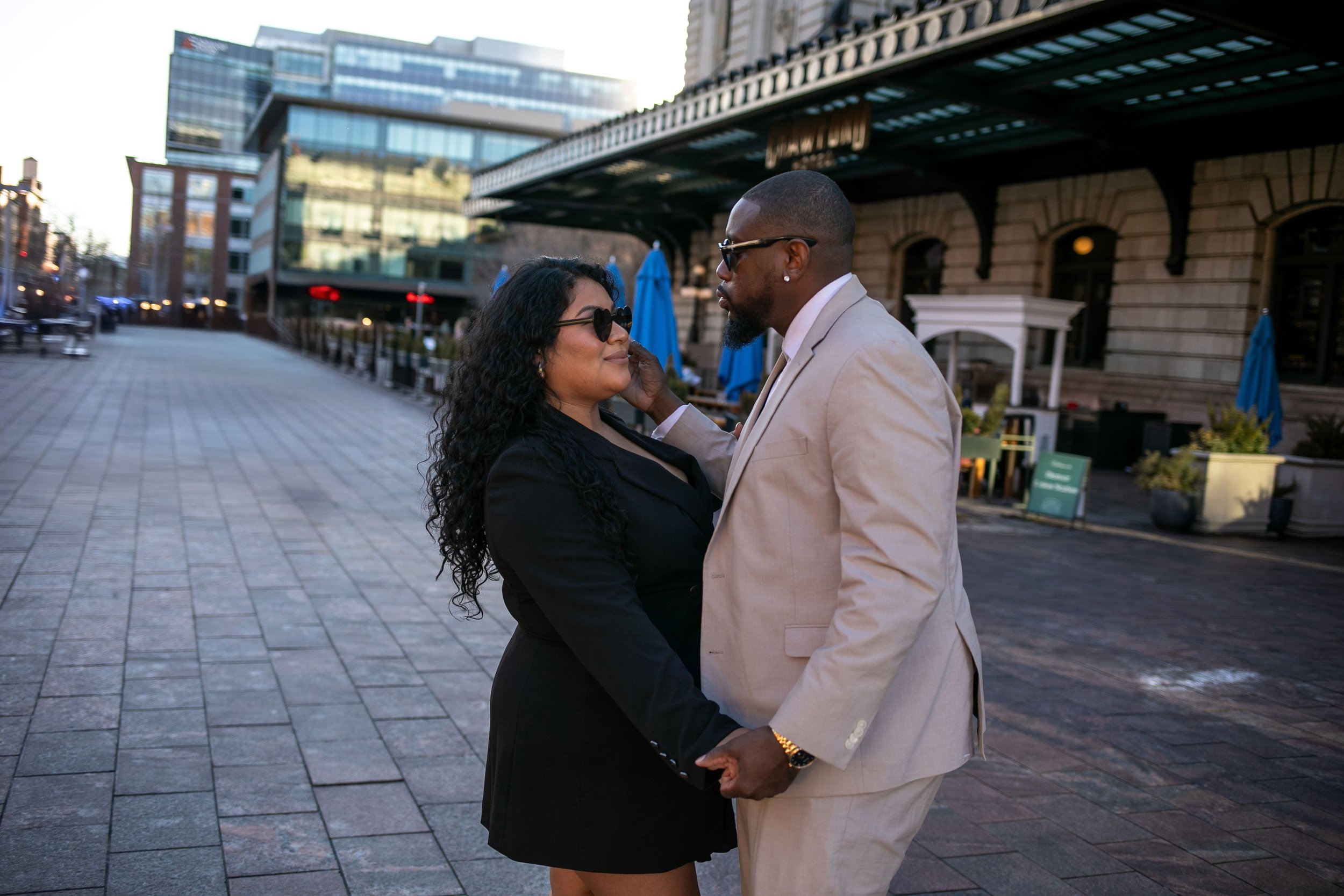 Couple outside union station at sunset