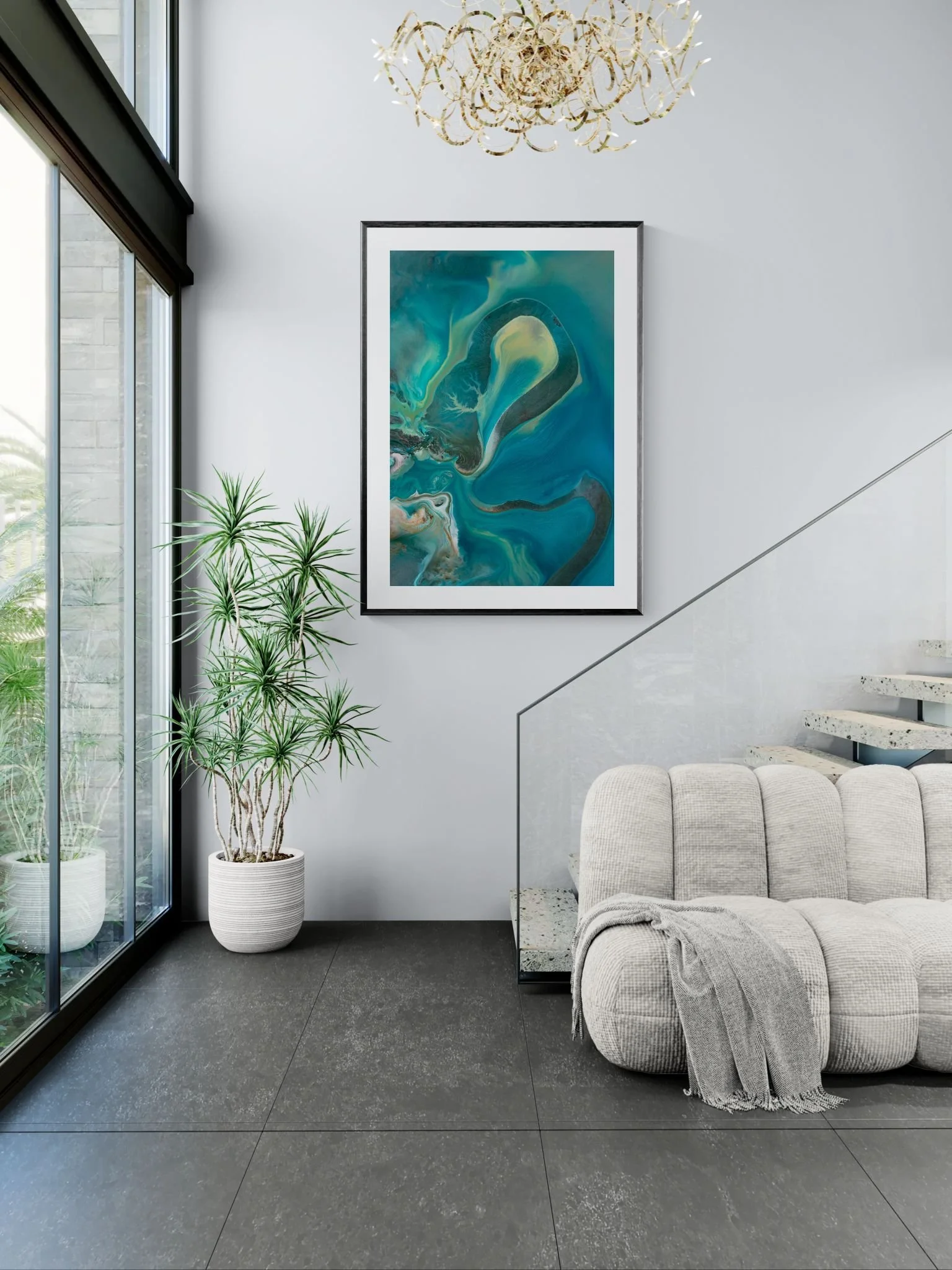 Large modern living area with a staircase.jpeg