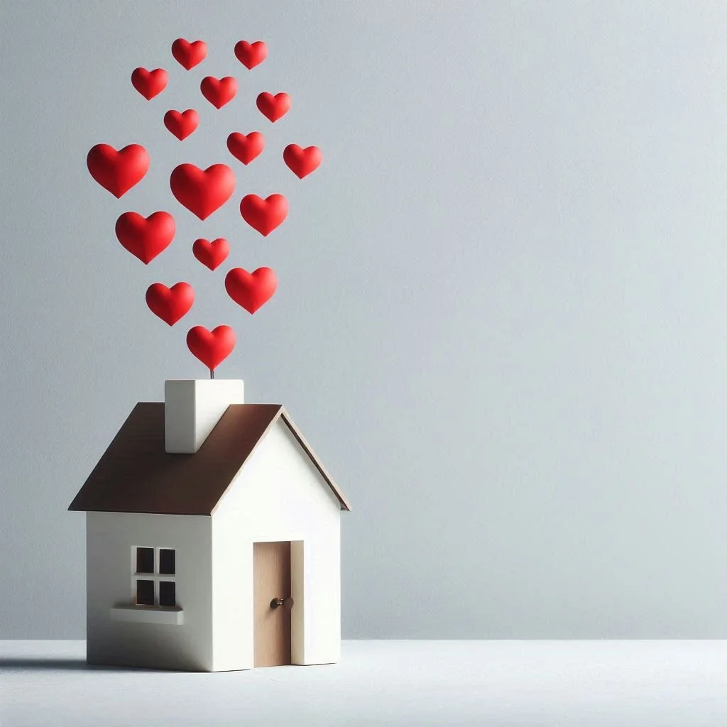 This shows a house with hearts coming out of the chimney to show how child therapists at Child and Teen Solutions in Seattle, Washington can help families to restore harmony