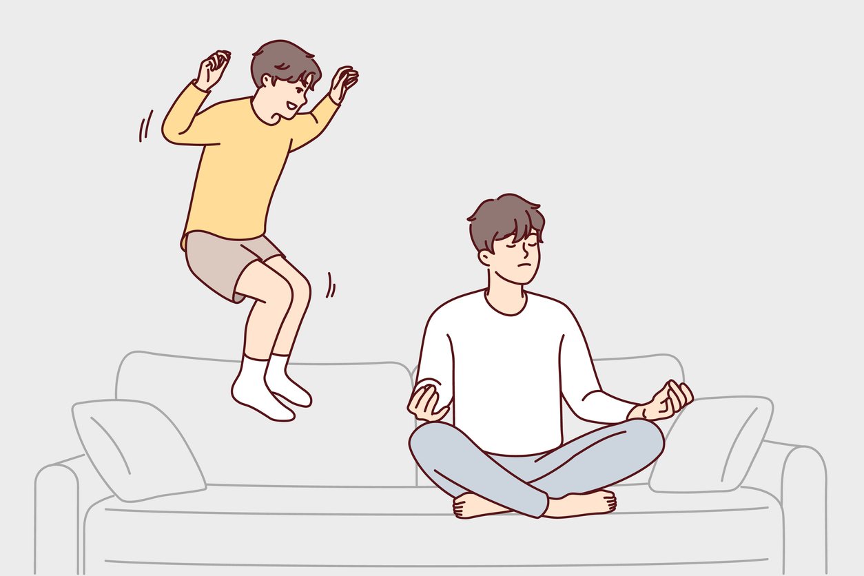 Parent stays regulated while child jumps on the couch