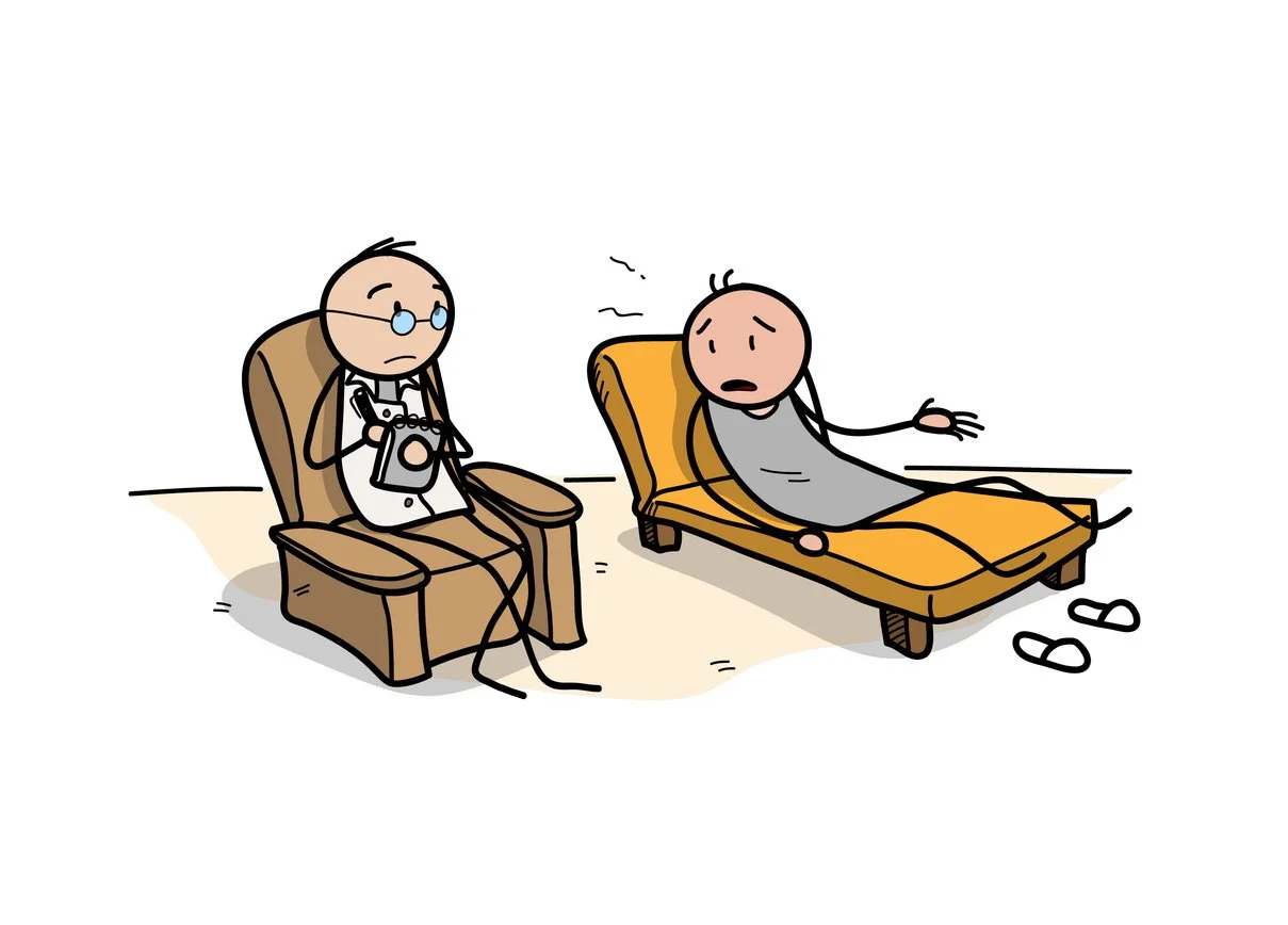 Cartoon image of a person on a therapy coach in the more traditional psychoanalytic sense.