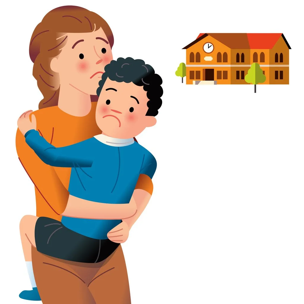 Anxious child being held by parent