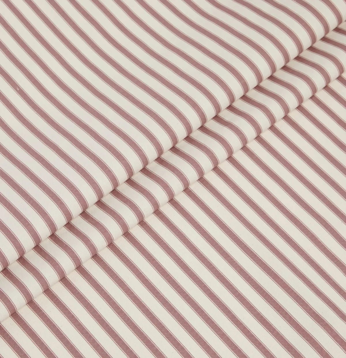 Ian Mankin Beacons Collection raspberry and natural ticking striped woven fabric.