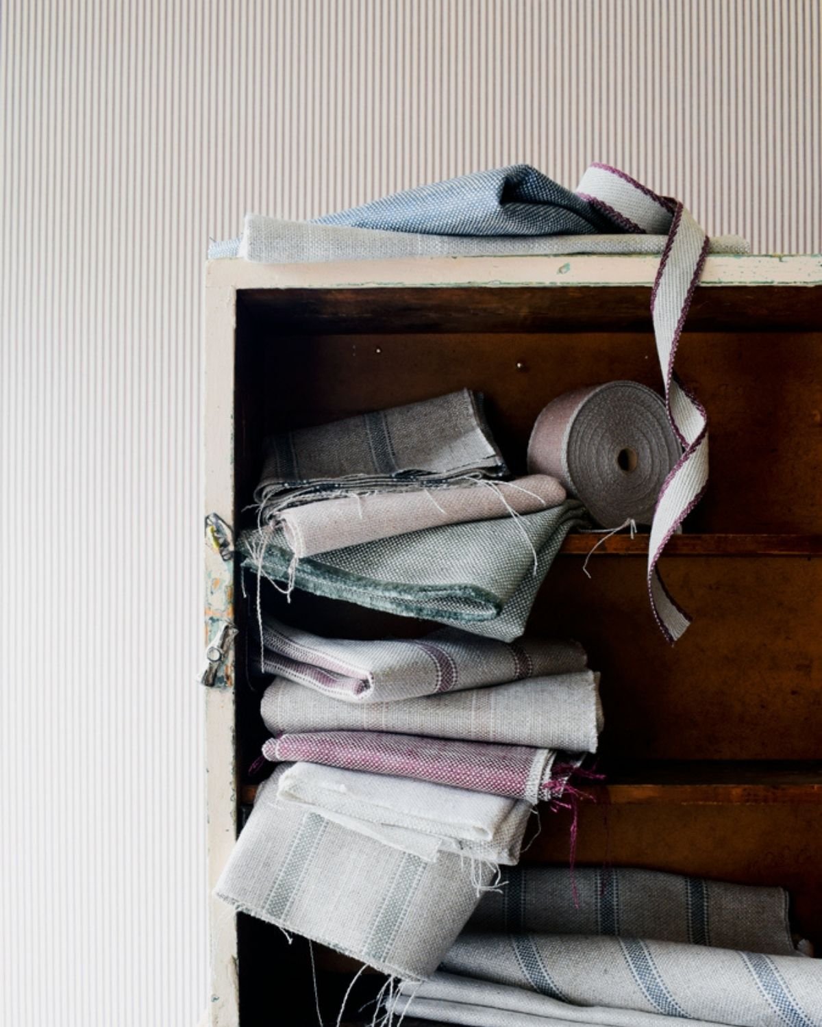 Ian Mankin Forfar & Newbury Collection fabrics layered in soft natural, green, blue and pink tones.