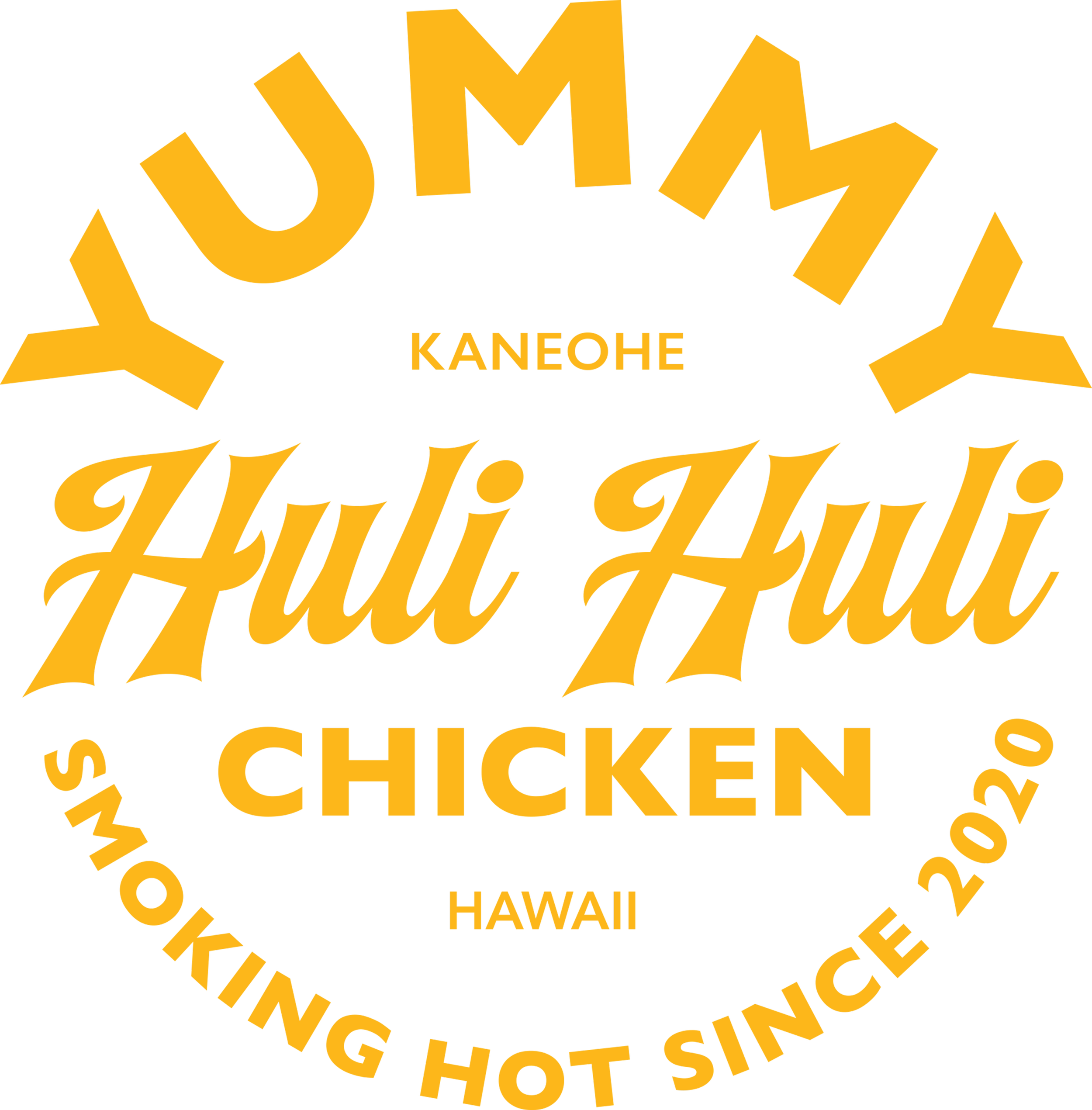 Circular logo with yellow text on black background. Top: "YUMMYY". Middle: "KANOHE". Large text: "Huli Huli". Below that: "CHICKEN". Bottom: "HAWAII". Outer circle: "SMOKING HOT SINCE 2020".