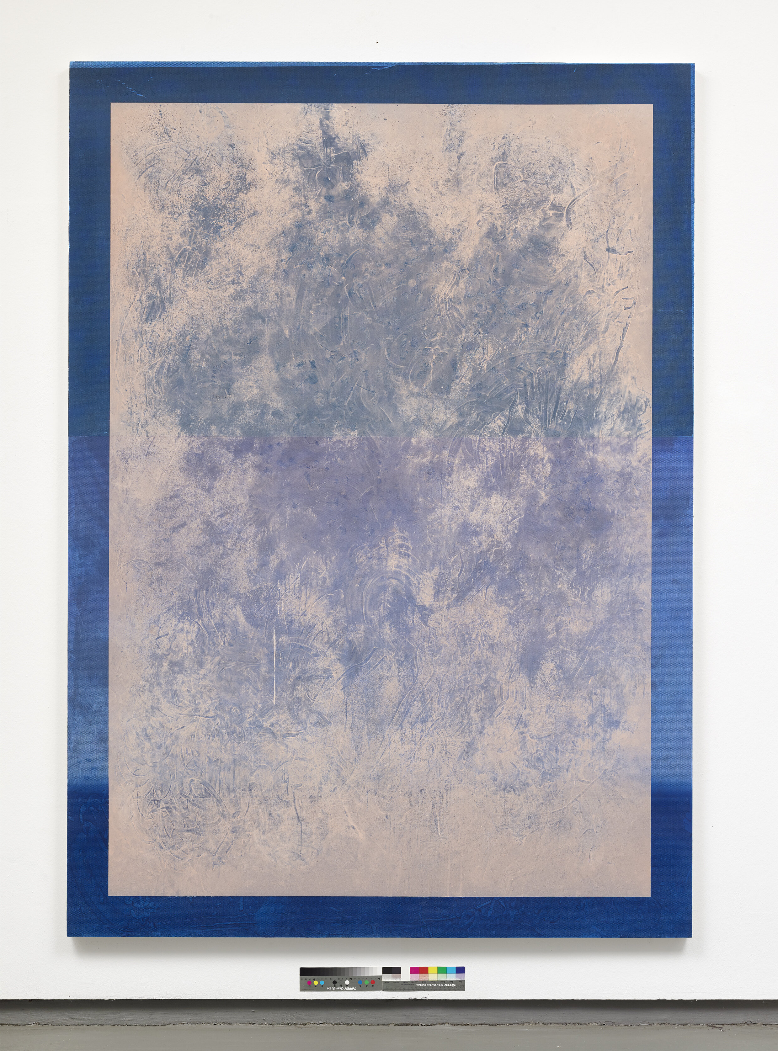   Dust Painting: Pink Over Blue in 3 Shades,  2015. Toner, acrylic and oil on canvas. 84 x 60 inches 