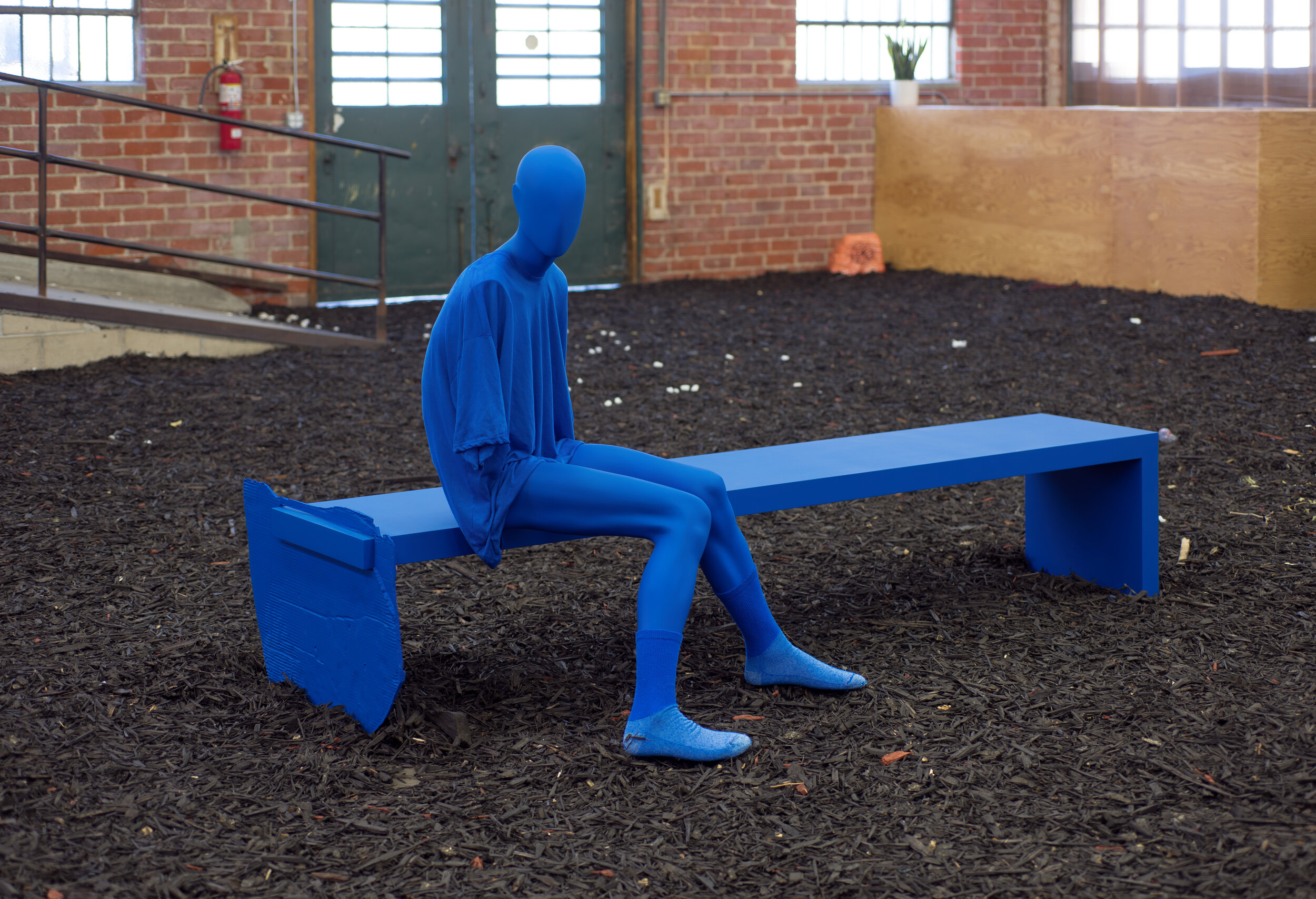   Bench Figure Angst Model in Cerulean,  2014. Mixed media. 96 x 18 x 52 inches 