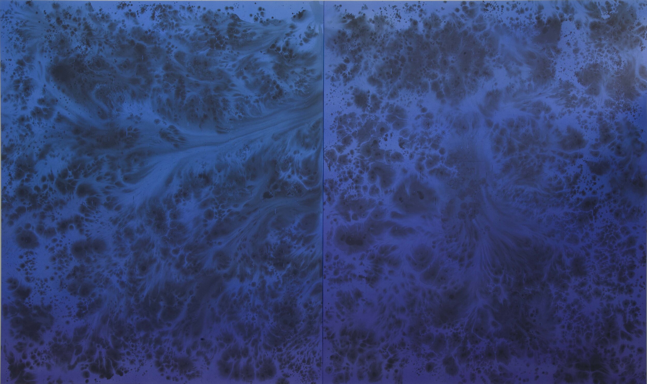   Painting made to fit the wall of Galerie Parisa Kind, In Cerulean and Violet 1 &amp; 2,  2014. Acrylic on canvas, 106.5 x 181.5 inches 