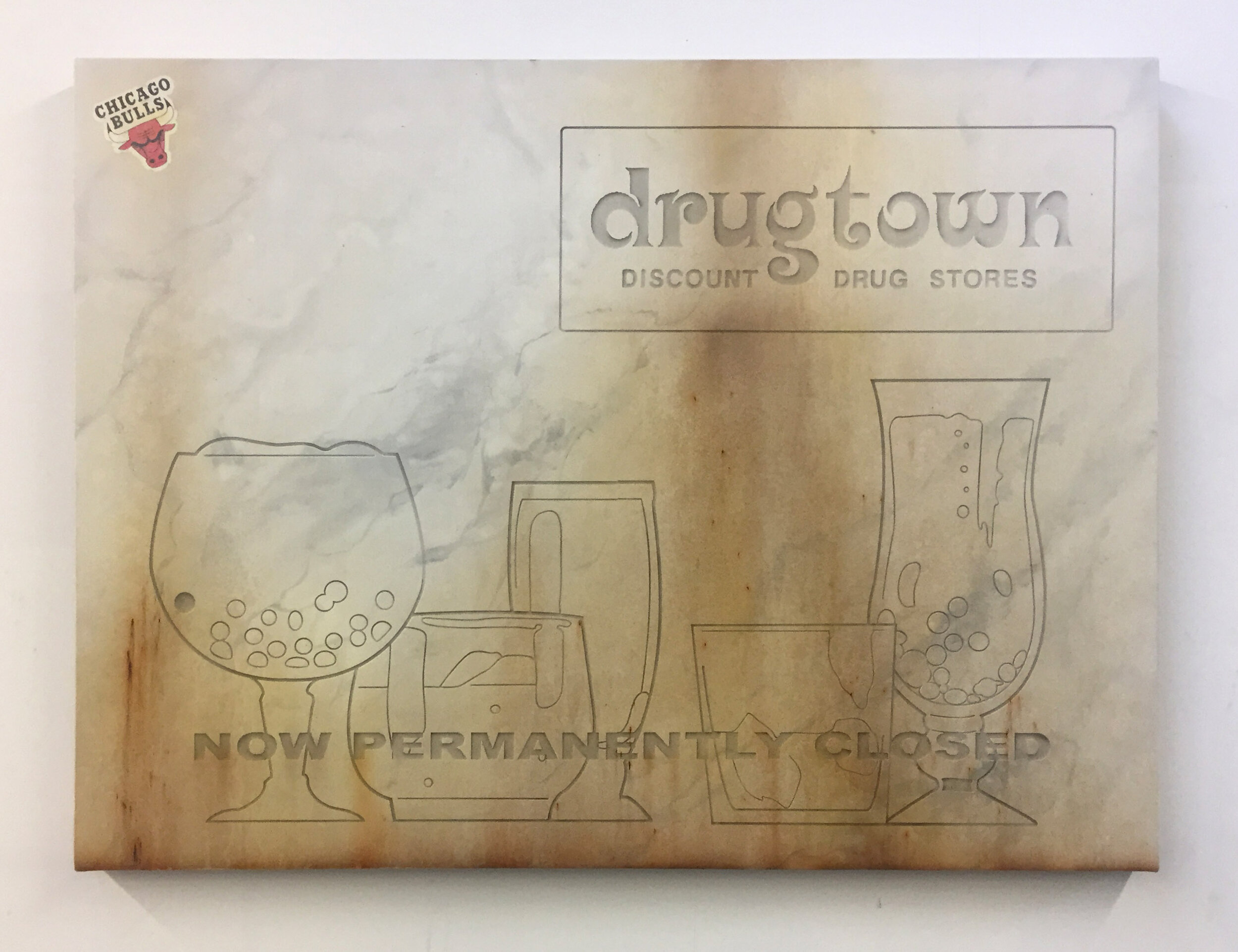   Drugtown in Carrara Marble, 2017.  Acrylic on canvas. 30 x 40 inches 