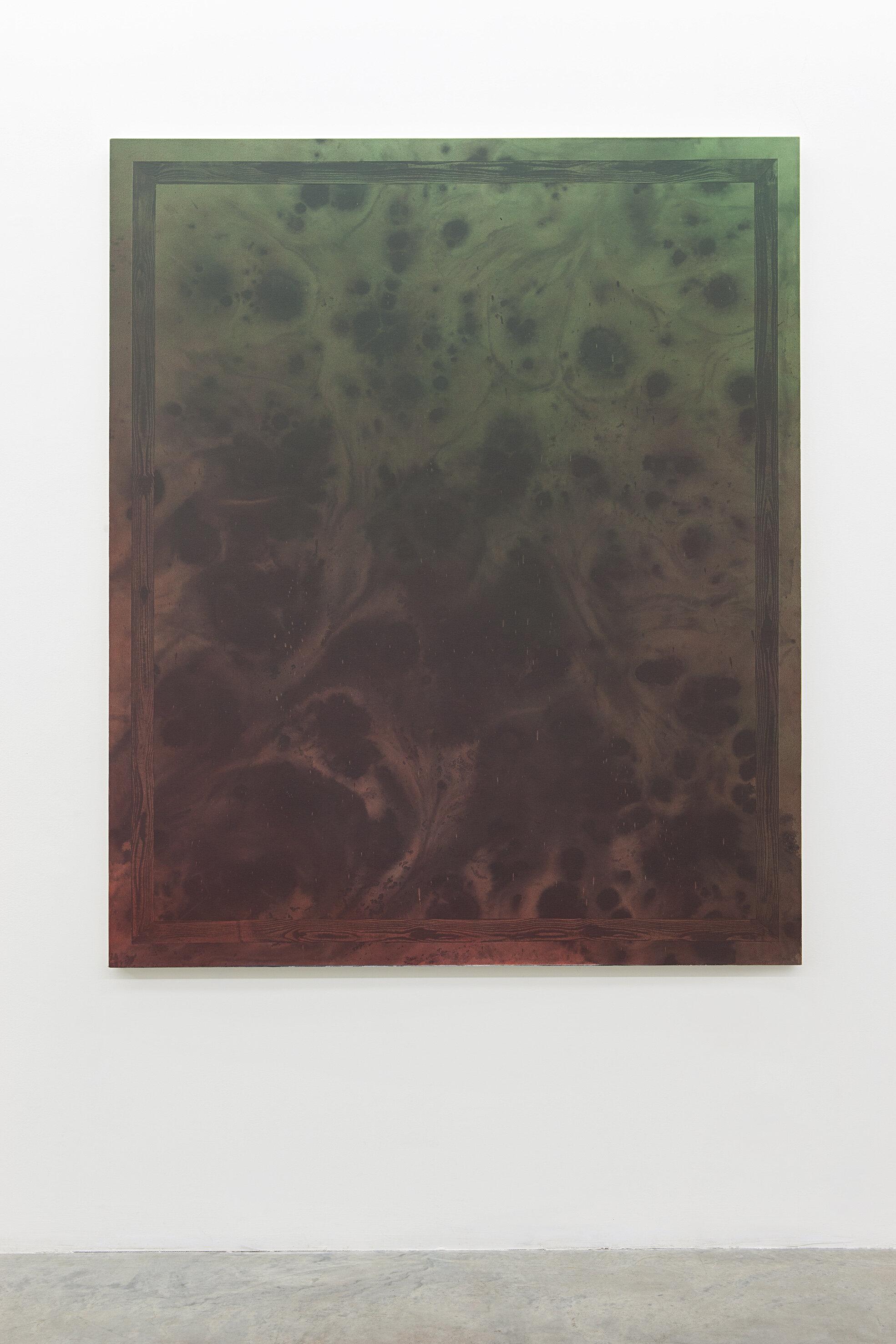   Untitled Painting in Red Over Green w/ Painted Faux Wood Grain Frame,  2014. Acrylic on canvas. 72 x 60 inches 