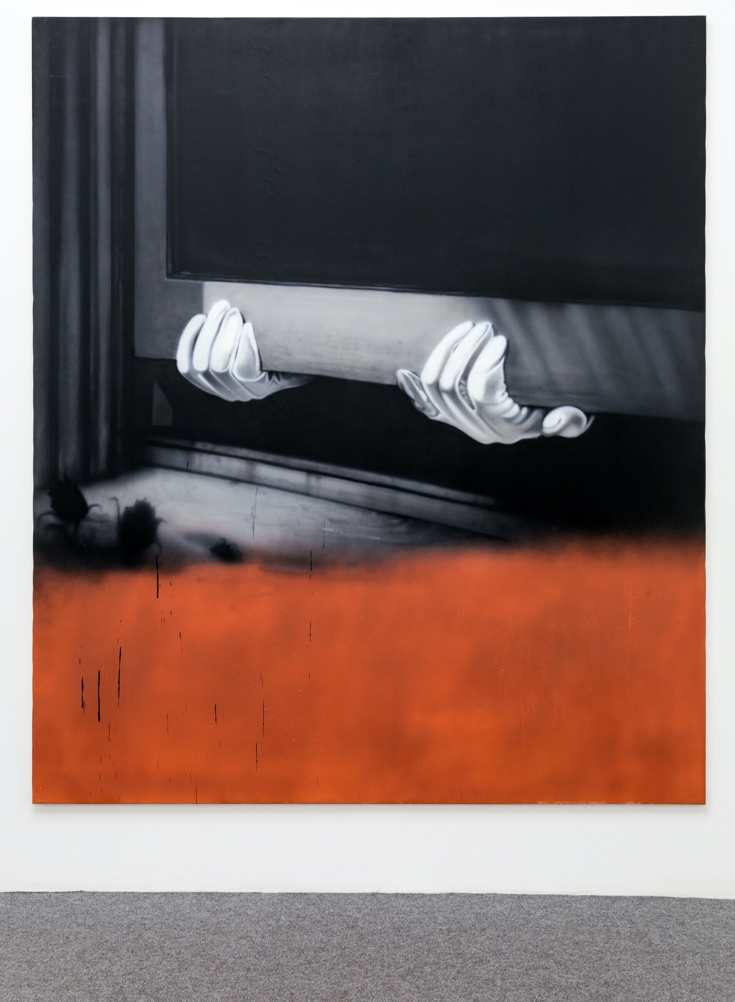   Thief Painting in Black and White and Red Oxide,  2015. Acrylic on canvas. 84 x 73 inches 