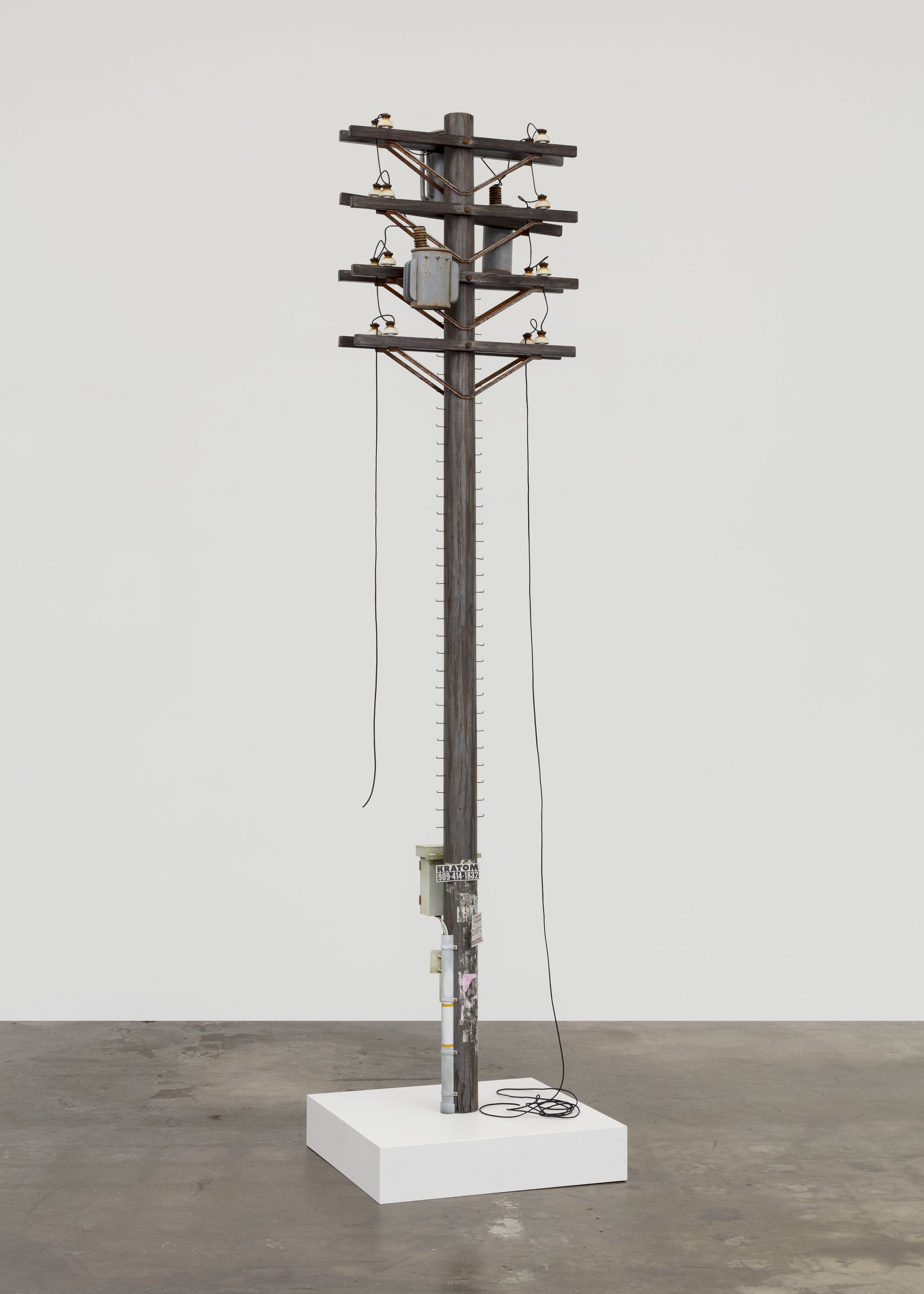   Totem 3 , 2023. Bondo, acrylic and solvent based paints on wood, paper, steel, nylon shoelace, PVC, and vinyl. 96 x 23 x 10 inches 