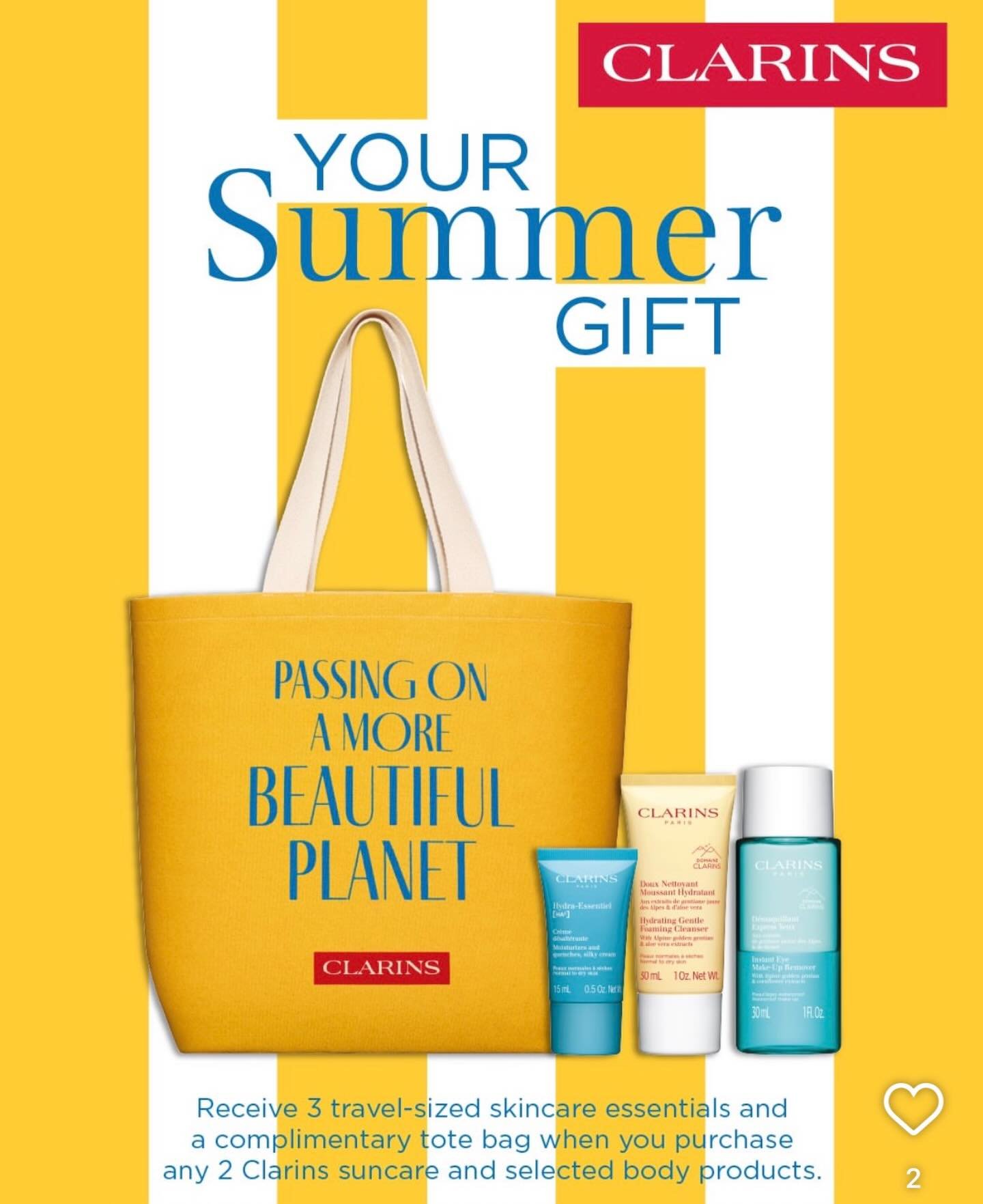 We have a gorgeous GIFT with our Clarins Suncare ☀️👒 
Receive 3 travel - sized essentials and a complimentary summer tote bag when you  purchase any 2 Clarins suncare and selected body products 🧴☀️ 

*While stock last*