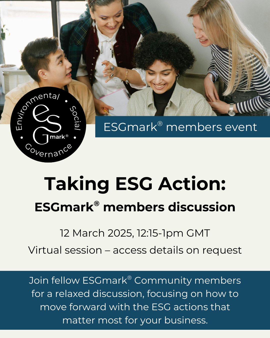 Not sure where to focus your ESG efforts? ⁠
⁠
Join us for a relaxed, interactive session on taking ESG action - just for ESGmark&reg; community members.⁠
⁠
In this 45-minute members discussion, we&rsquo;ll explore how to move forward with ESG actions