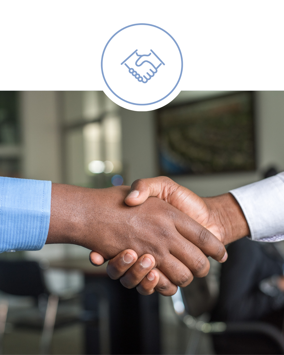 ESG Governance icon and image showing handshake between two working people, representing respect and commitment to responsible business practices