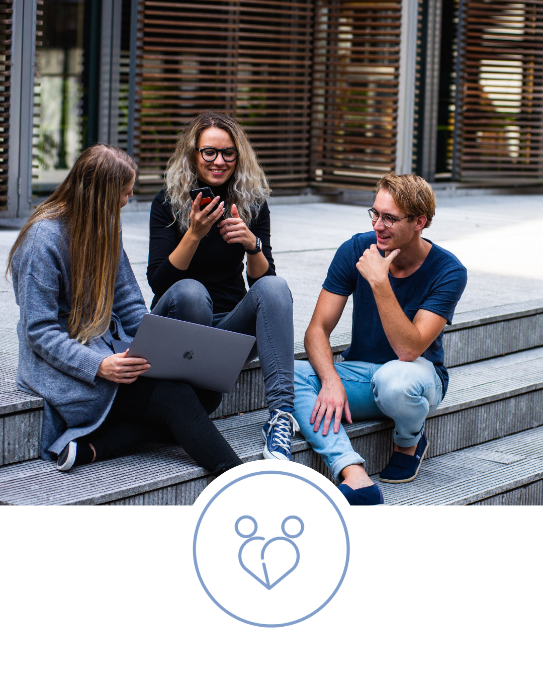 ESG social impact logo along with image of three people smiling and working outside together to represent positive workplace culture and fair employment practices