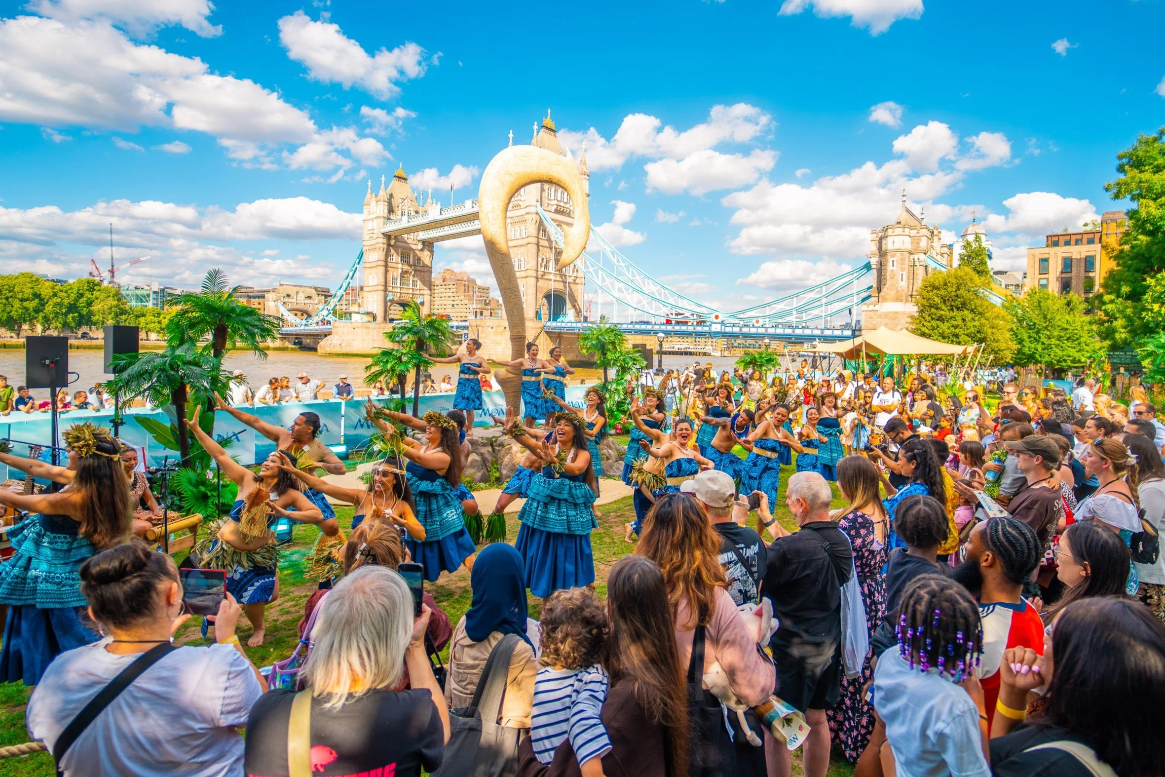 London School of Hula and 'Ori dancers and musicians perform at the Moana Live Action launch event at Potters Field, Tower Bridge