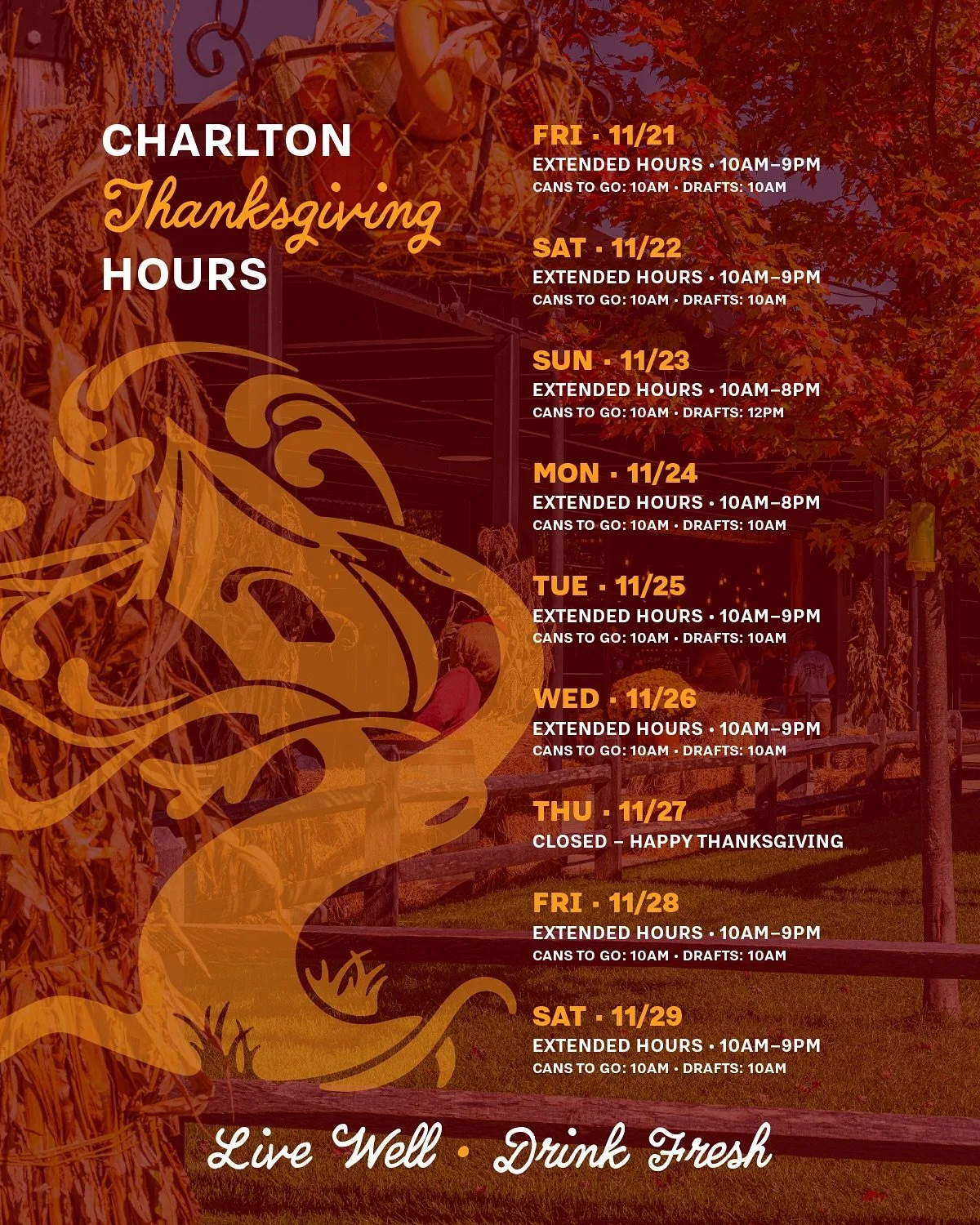 🫨 Thanksgiving hours!!

Swipe right to plan your visit.

Short version - we&rsquo;re open a lot, early and late, for your celebratory needs. Closed on Turkey Day itself.

See you here!