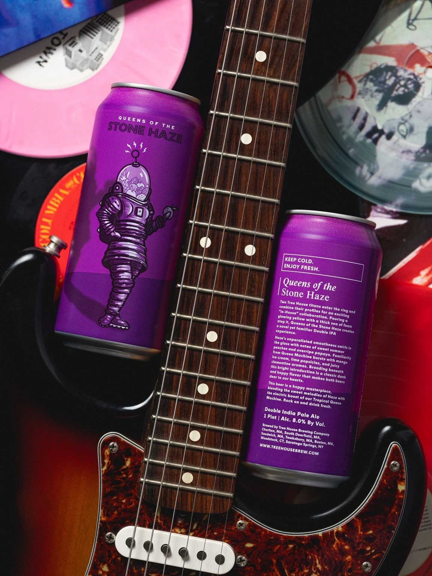 Queens of the Stone Haze comes from a land where the riffs are heavy, and the hops are saturated.

This new Double IPA is mash up of Queen Machine and Haze. Masterful notes of peach smoothies, mango ice cream, lime popsicles, and juicy clementine evo