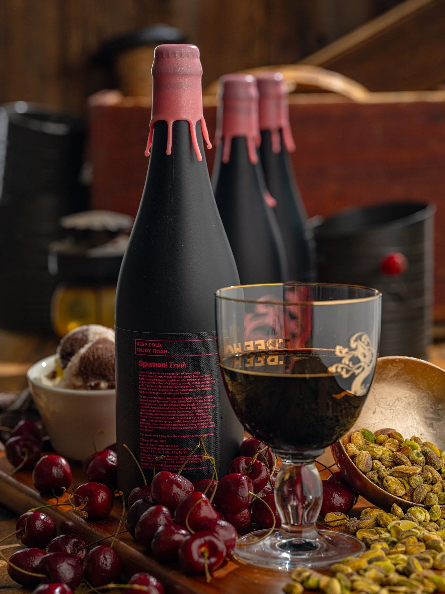 Spumoni Truth. 🇮🇹

Modeled after the famous Italian dessert, we conditioned this batch of Truth on roasted pistachios and whole cherries. The chocolate and vanilla notes inherent to our barrel-aged Stouts meld effortlessly with these classic ingred