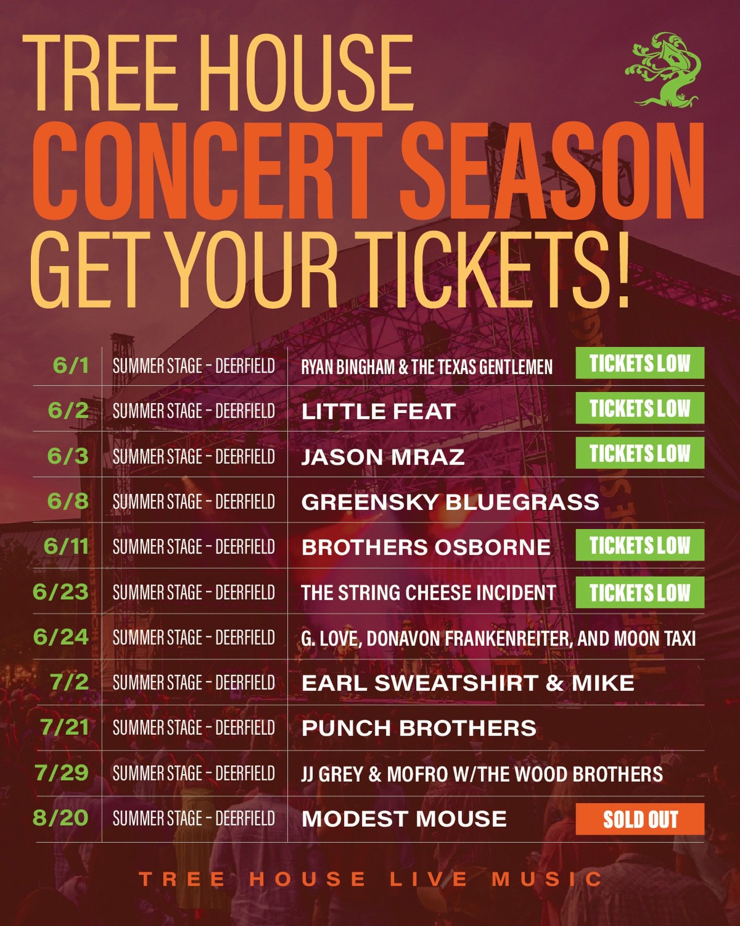 We&rsquo;re gearing up for Summer Stage Season in a big way - If you&rsquo;re not already tuned in to @treehouselivemusic , we&rsquo;d highly recommend it as the early-announced shows have been selling at a brisker pace than in year&rsquo;s past. 

I