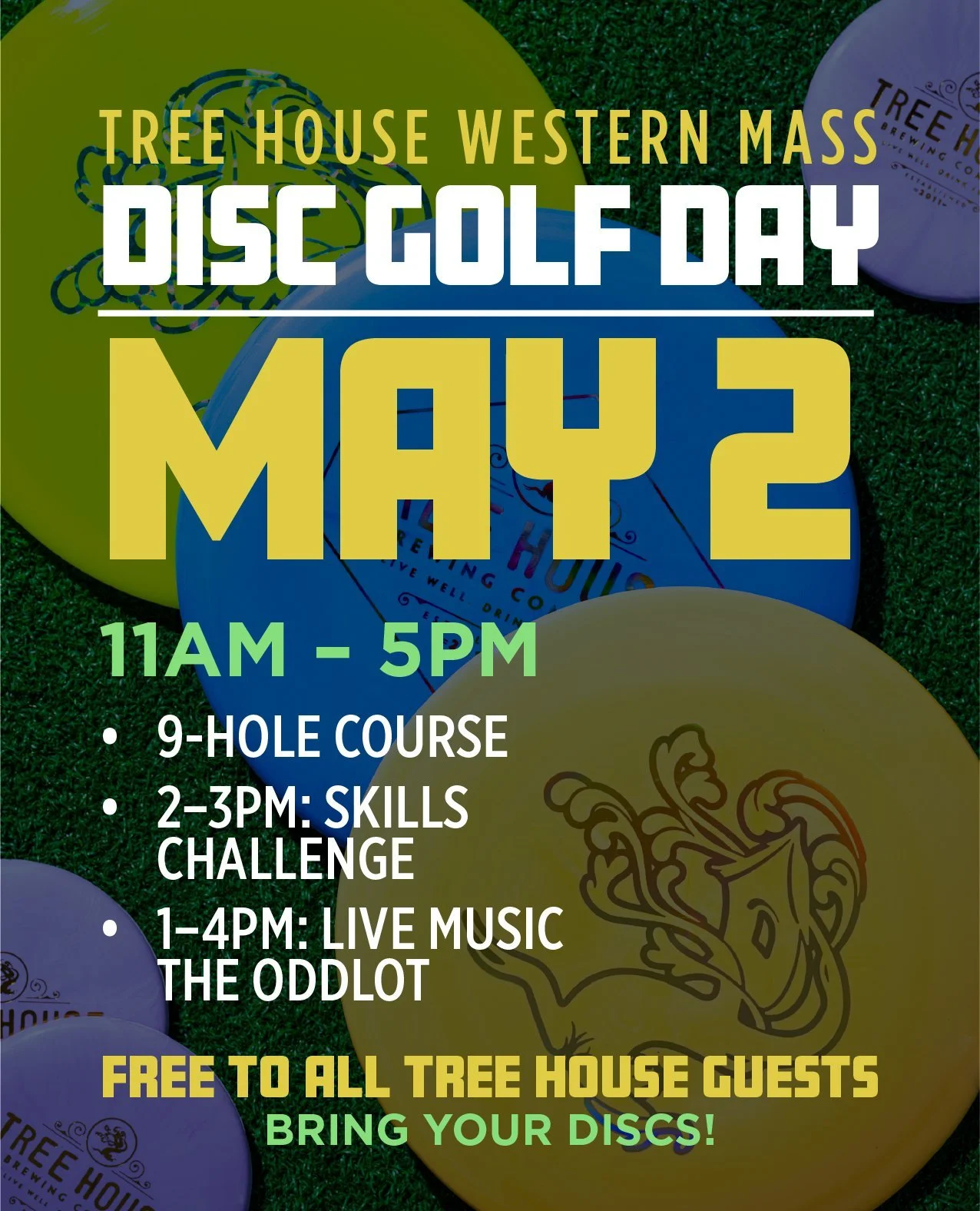 Hey gang, Disc Golf Day is returning to Deerfield this Saturday!

9 hole course from 11&ndash;5 🥏
Skills competition from 2&ndash;3 🎯
Live funky tunes from The Oddlot 🎶

Free to all, just bring your discs, your skills, your appetite, and your frie